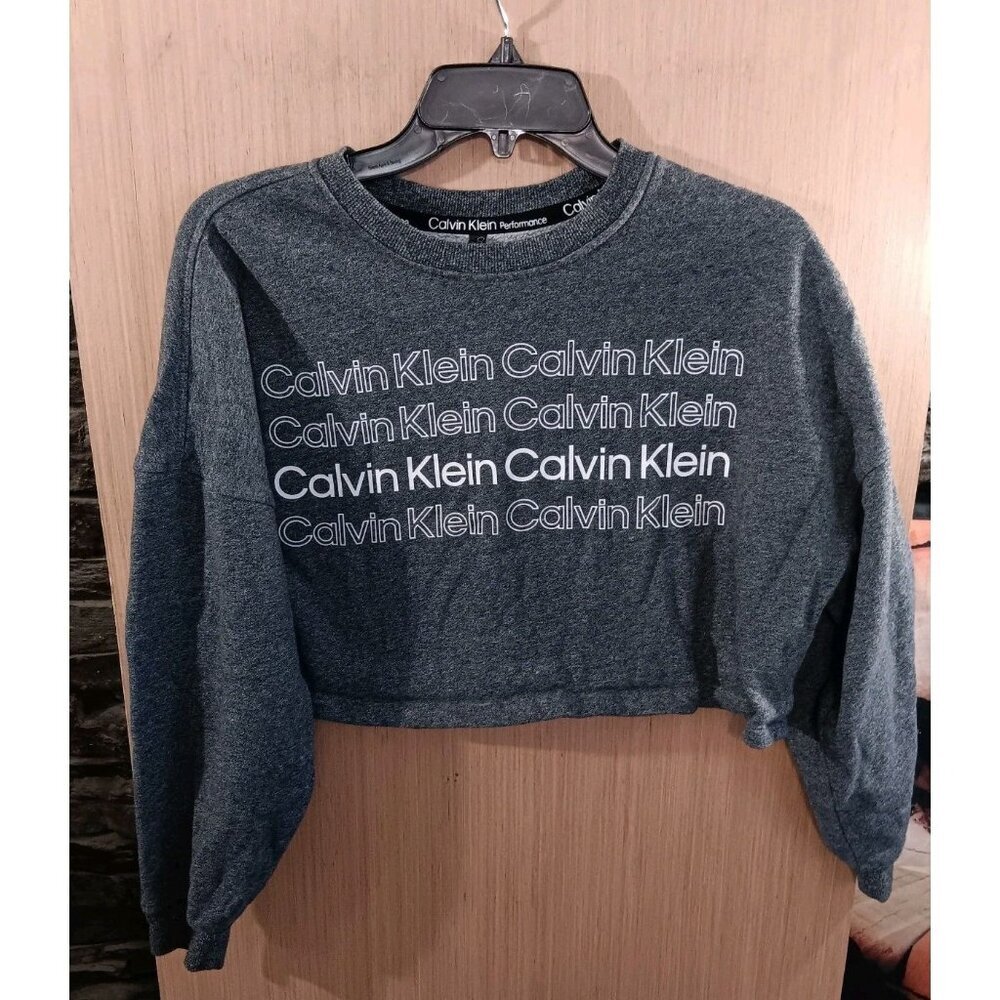 Calvin Klein Sz S Crop Sweatshirt Crewneck Gray Long Sleeve Performance Logo
